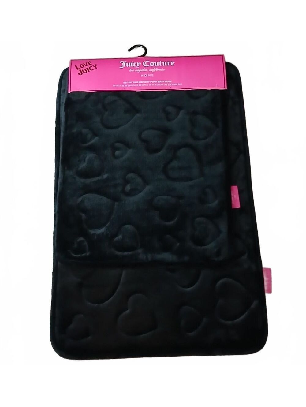 Juicy Couture Home Black Embossed Hearts Bath Rug Set 2 pc Set Memory Foam NWT